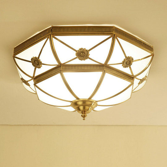 Traditional Frosted Glass Bedroom Flushmount Ceiling Lamp With Brass Basket Design 4 /
