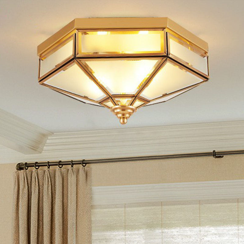 Frosted Glass Brass Hexagonal Ceiling Flush Light - Traditional Mount Lighting