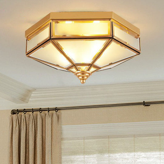 Frosted Glass Brass Hexagonal Ceiling Flush Light - Traditional Mount Lighting