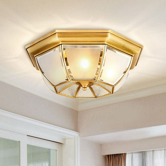 Colonial Style Ceiling Mounted Lamp With Brass Finish And Frost Glass Recessed Shade