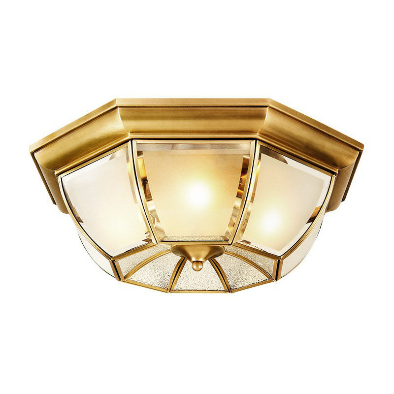 Colonial Style Ceiling Mounted Lamp With Brass Finish And Frost Glass Recessed Shade