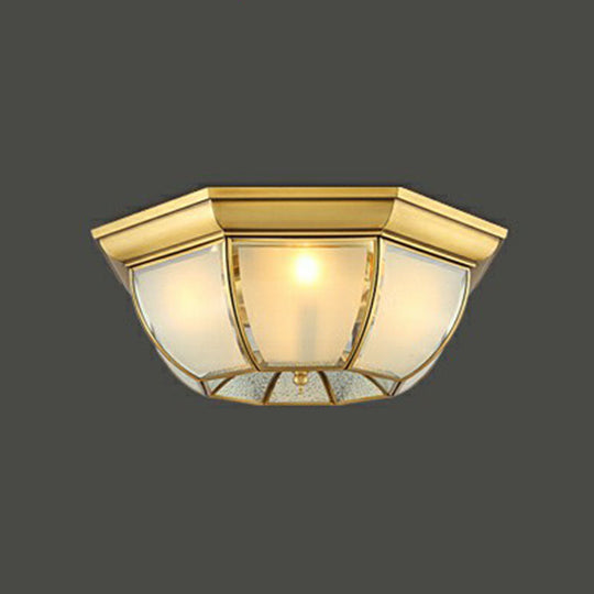 Brass Flushmount Light With Minimalist Bowl Shape & Frosted Glass Pane Sleek Ceiling Fixture / 16
