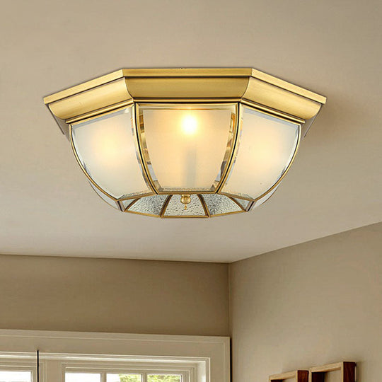 Brass Flushmount Light With Minimalist Bowl Shape & Frosted Glass Pane Sleek Ceiling Fixture