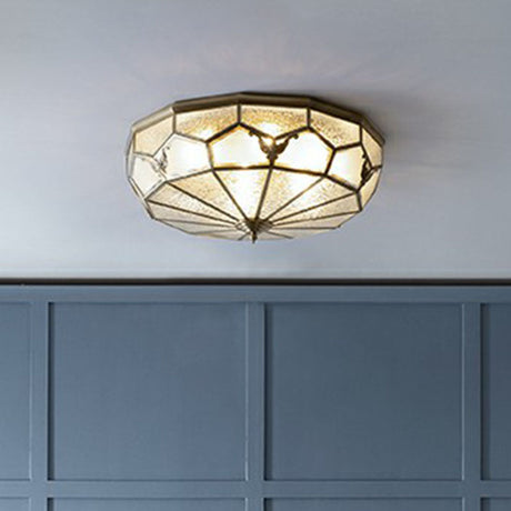 Vintage Brass Round Frosted Glass Flush-Mount Bedroom Ceiling Light Fixture