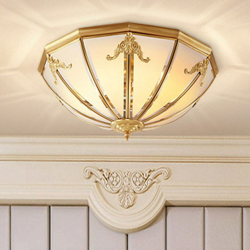 Colonial Style 3-Light Hemispherical Brass Ceiling Light With Frosted White Glass - Flush Mount Lamp