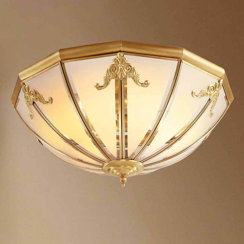 Colonial Style 3-Light Hemispherical Brass Ceiling Light With Frosted White Glass - Flush Mount Lamp