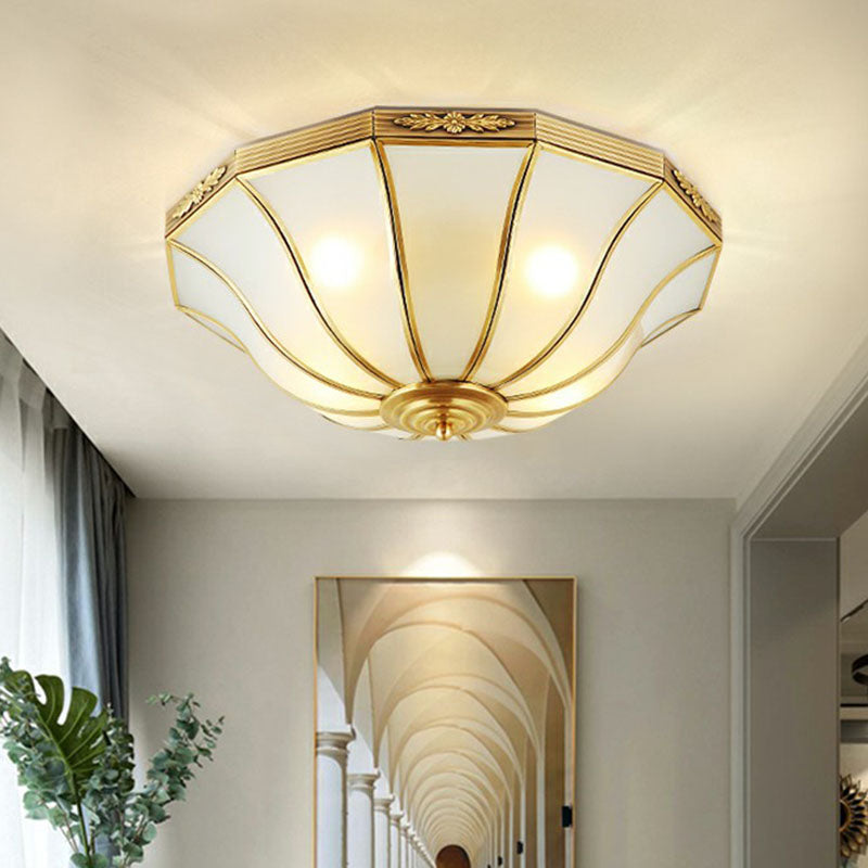 Opaline Glass Bell Shaped Flush Mount Ceiling Light In Brass - Traditional Lamp For Corridors / 14’