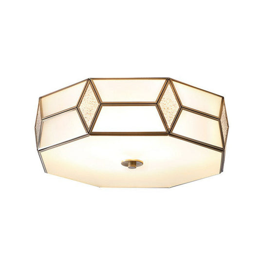 Minimalistic Brass Frost Glass Flush Mount Light For Bedroom: Geometric Ceiling Fixture