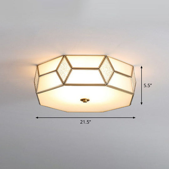 Minimalistic Brass Frost Glass Flush Mount Light For Bedroom: Geometric Ceiling Fixture
