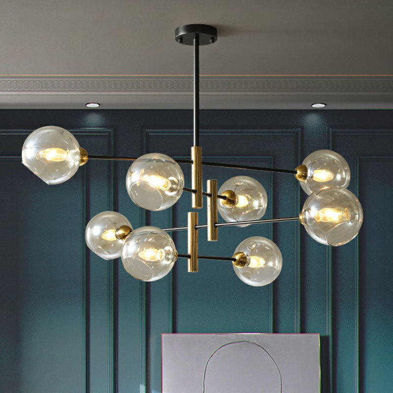 Minimalist Glass Dome Chandelier - Black And Brass Suspended Lighting Fixture For Dining Room