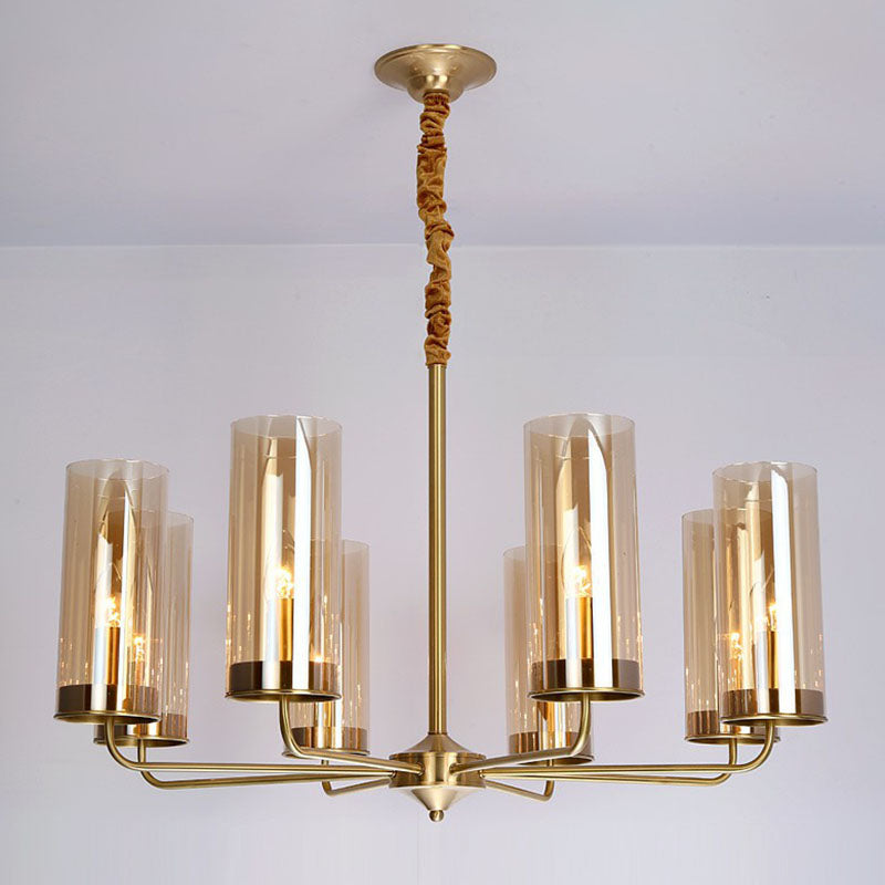 Modern Brass Pendant Light: Tubular Up Chandelier For Living Room - Glass Hanging Fixture 8 / Amber