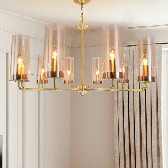Modern Brass Pendant Light: Tubular Up Chandelier For Living Room - Glass Hanging Fixture 10 / Amber