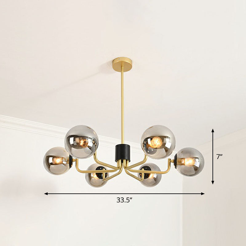 Radial Suspension Light - Contemporary Metal Chandelier With Glass Ball Shade 6 / Gold Smoke Grey