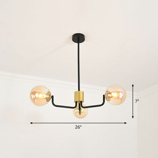 Radial Suspension Light - Contemporary Metal Chandelier With Glass Ball Shade 3 / Black Amber