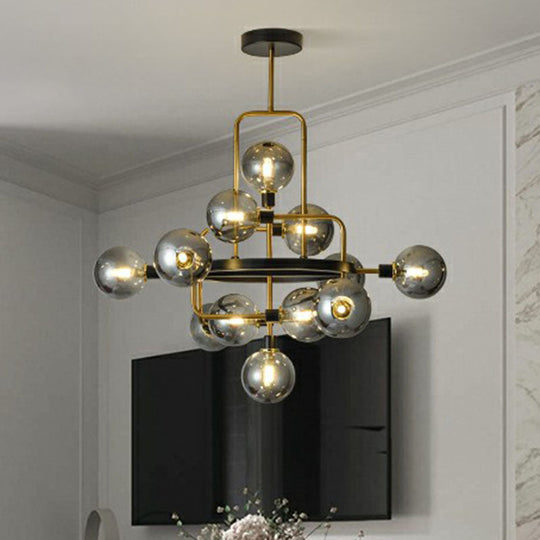 Modern Black And Brass Glass 3D Atomic Chandelier: 12-Bulb Suspension Light