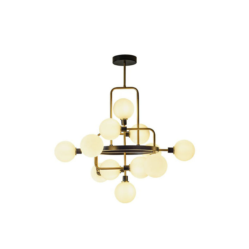 Modern Black And Brass Glass 3D Atomic Chandelier: 12-Bulb Suspension Light White