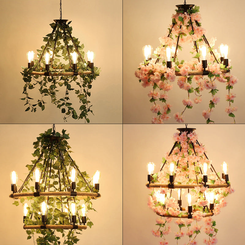 Farmhouse Wagon Wheel Chandelier With Plant Decor For Dining Room