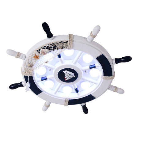 Kids Style 8-Bulb Led Flush Ceiling Light - Rudder Wooden Flushmount With Fishnet Deco