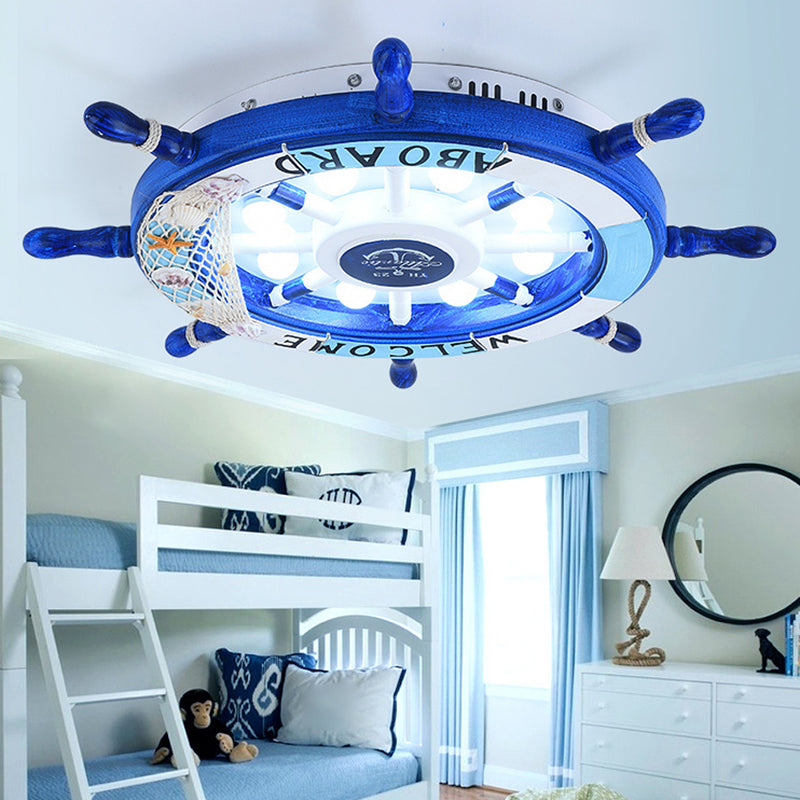 Kids Style 8 - Bulb Led Flush Ceiling Light - Rudder Wooden Flushmount With Fishnet Deco