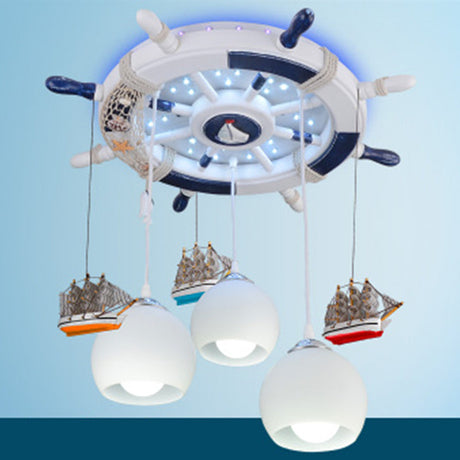 Cartoon 3 Bulb Cream Glass Dome Ceiling Light Flush Mount With Rudder Canopy (White) White / 25.5