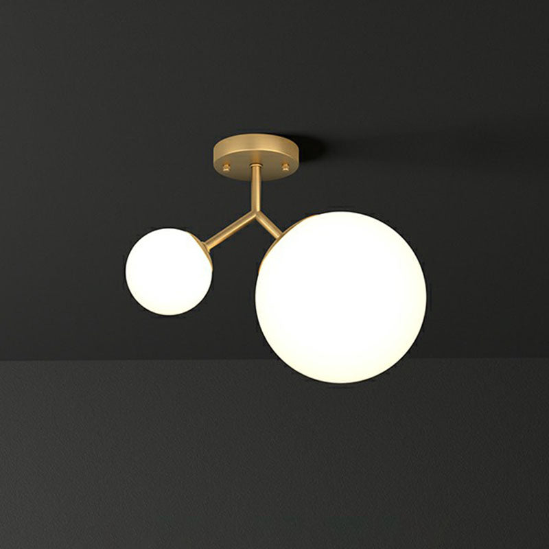 Sleek Gold Semi Flush Mount Ceiling Light With Minimalist Milky Glass - 2-Head Flushmount Lighting /