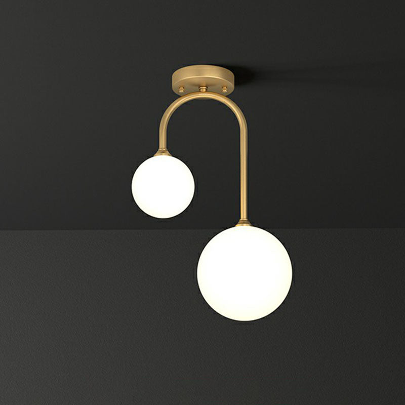 Sleek Gold Semi Flush Mount Ceiling Light With Minimalist Milky Glass - 2-Head Flushmount Lighting /