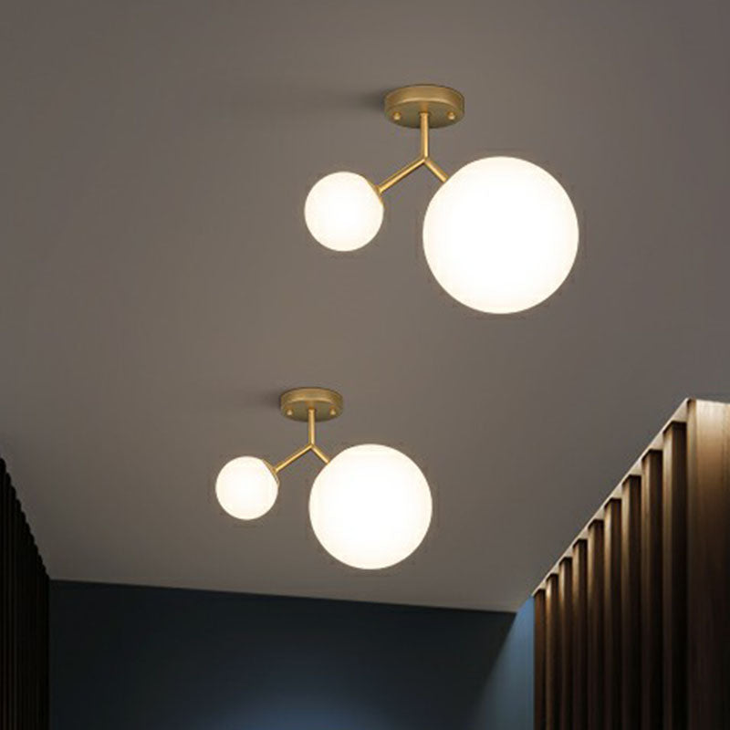 Sleek Gold Semi Flush Mount Ceiling Light With Minimalist Milky Glass - 2-Head Flushmount Lighting