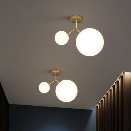 Sleek Gold Semi Flush Mount Ceiling Light With Minimalist Milky Glass - 2-Head Flushmount Lighting