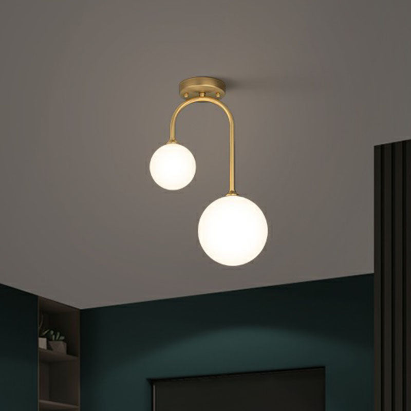Sleek Gold Semi Flush Mount Ceiling Light With Minimalist Milky Glass - 2 - Head Flushmount Lighting
