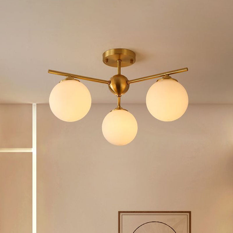 Simplicity Milk Glass Globe Semi Flush Mount Light - 3 - Bulb Antiqued Gold Ceiling Fixture