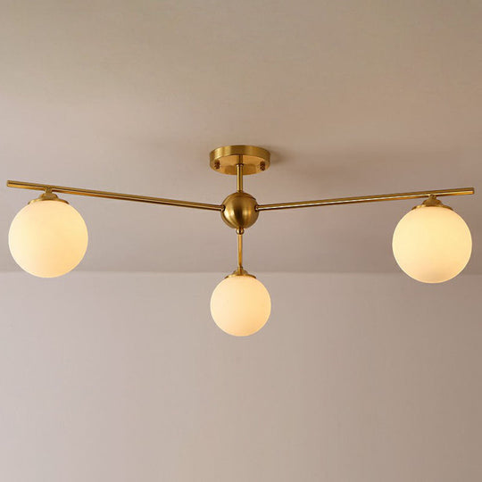 Simplicity Milk Glass Globe Semi Flush Mount Light - 3 - Bulb Antiqued Gold Ceiling Fixture