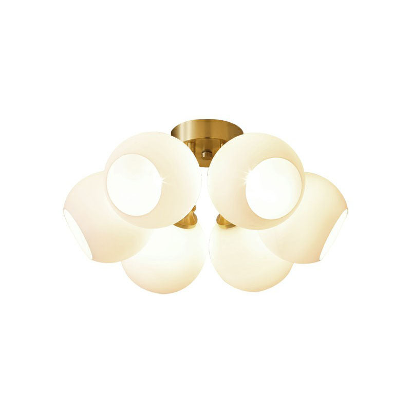 Gold Plated Semi-Flush Ceiling Light With Milky Glass Dome For Bedroom 6 /
