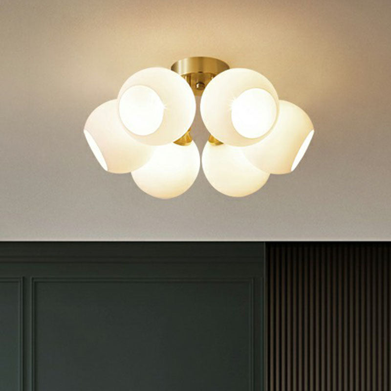 Gold Plated Semi - Flush Ceiling Light With Milky Glass Dome For Bedroom