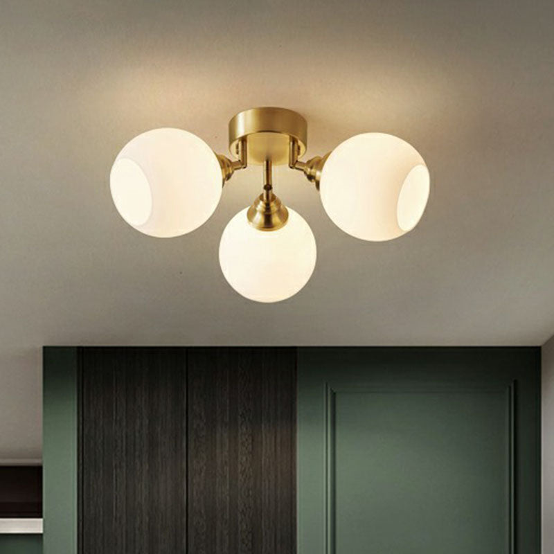 Gold Plated Semi-Flush Ceiling Light With Milky Glass Dome For Bedroom