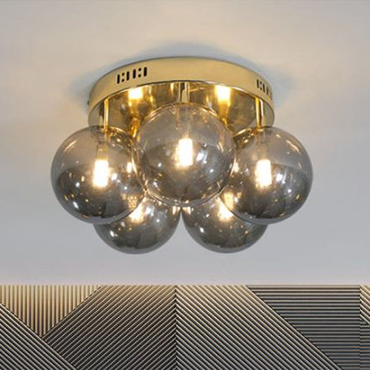 Postmodern Ball Smoke Grey Glass Ceiling Lamp With Gold Finish - Semi Flush Light Fixture (5 Lights)