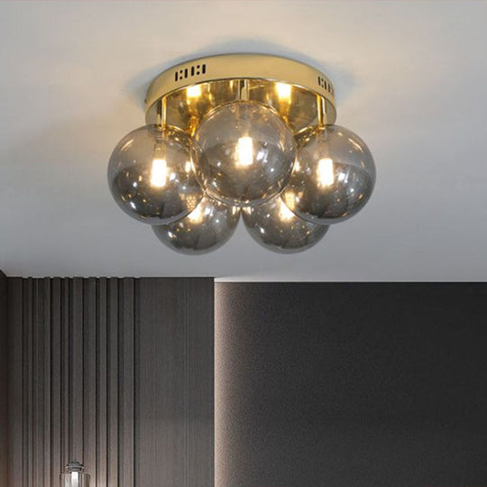 Postmodern Ball Smoke Grey Glass Ceiling Lamp With Gold Finish - Semi Flush Light Fixture (5 Lights)