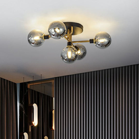 Black - Brass 5 - Light Glass Semi - Flush Mount Ceiling Lamp - Contemporary Ball Shaped Design For