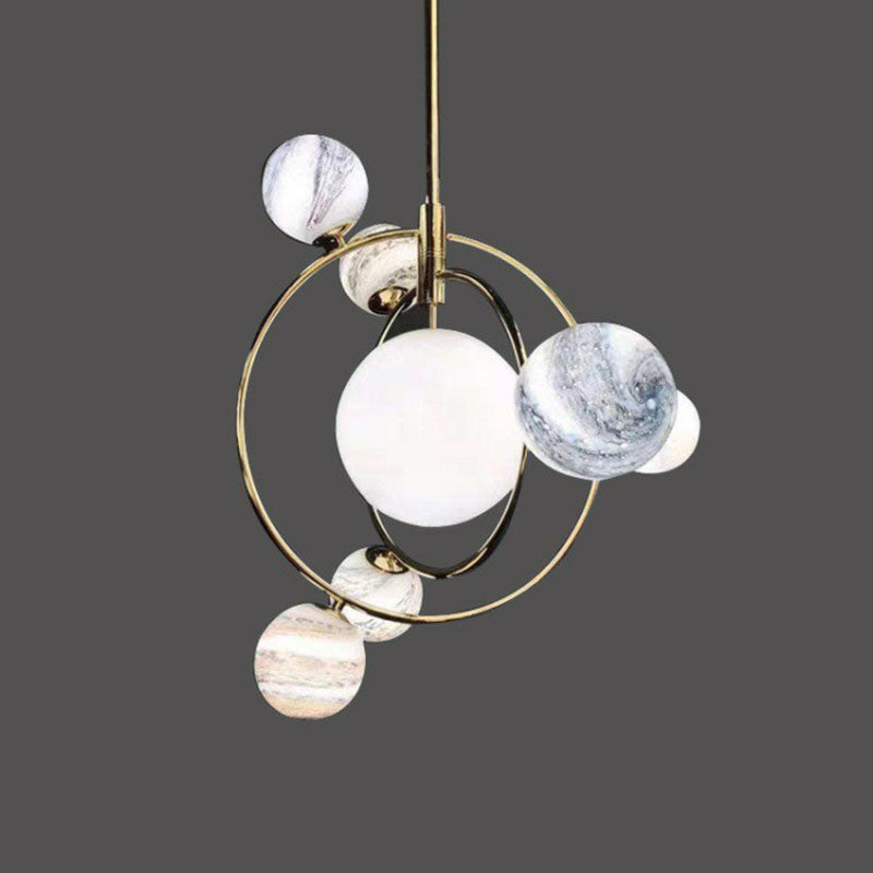 Gold Orbital Planet Pendant Light With Stained Glass Shade - Postmodern Creative Chandelier