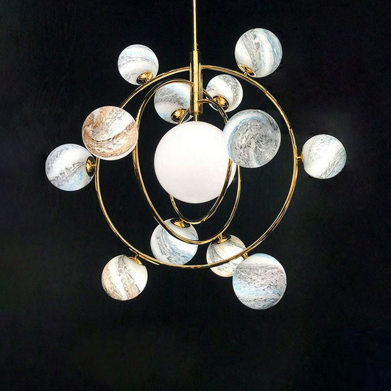 Gold Orbital Planet Pendant Light With Stained Glass Shade - Postmodern Creative Chandelier