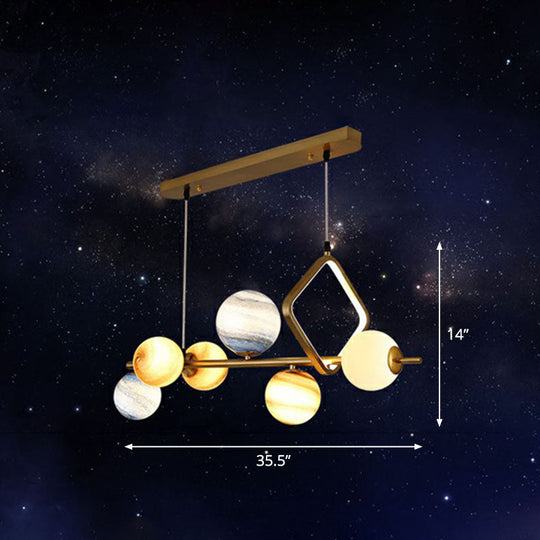 Gold Stained Glass Nordic Planet 7-Head Hanging Light For Dining Room