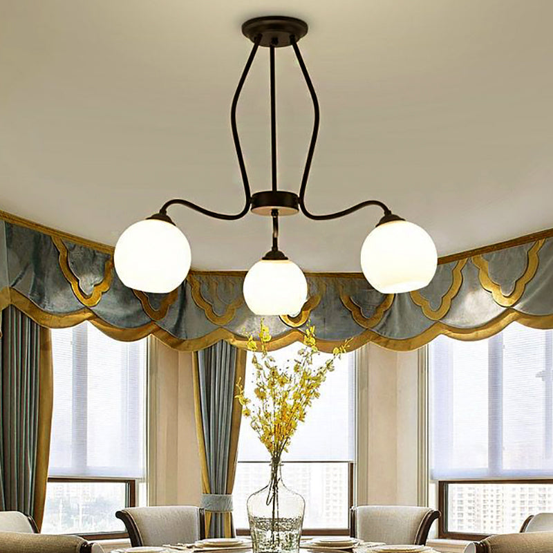 Traditional Black Semi Flush Ceiling Light Fixture With White Glass Shades - 3/6/8 Lights For