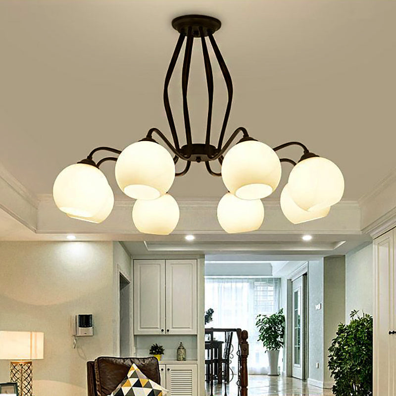 Traditional Black Semi Flush Ceiling Light Fixture With White Glass Shades - 3/6/8 Lights For