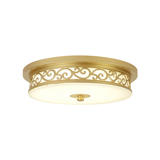 Gold Drum Flush Mount Led Lamp With Classic White Glass - Ideal Living Room Ceiling Light In Or