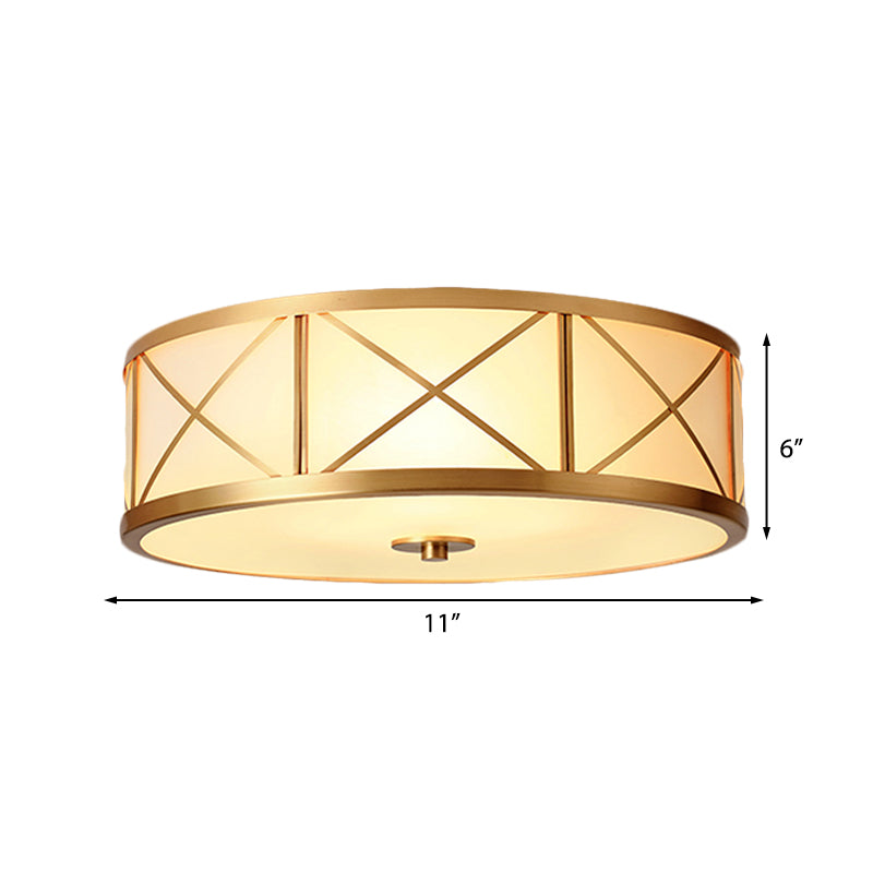 Traditional White Glass Drum Dining Room Flushmount Light With Brass Accent 4 Lights 11/14/18 W