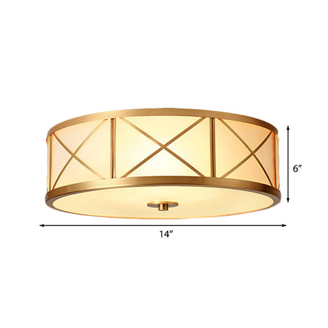 Traditional White Glass Drum Dining Room Flushmount Light With Brass Accent 4 Lights 11/14/18 W