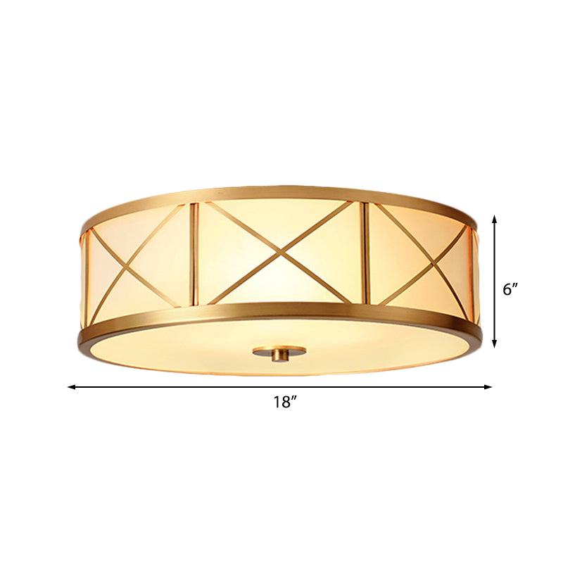 Traditional White Glass Drum Dining Room Flushmount Light With Brass Accent 4 Lights 11/14/18 W