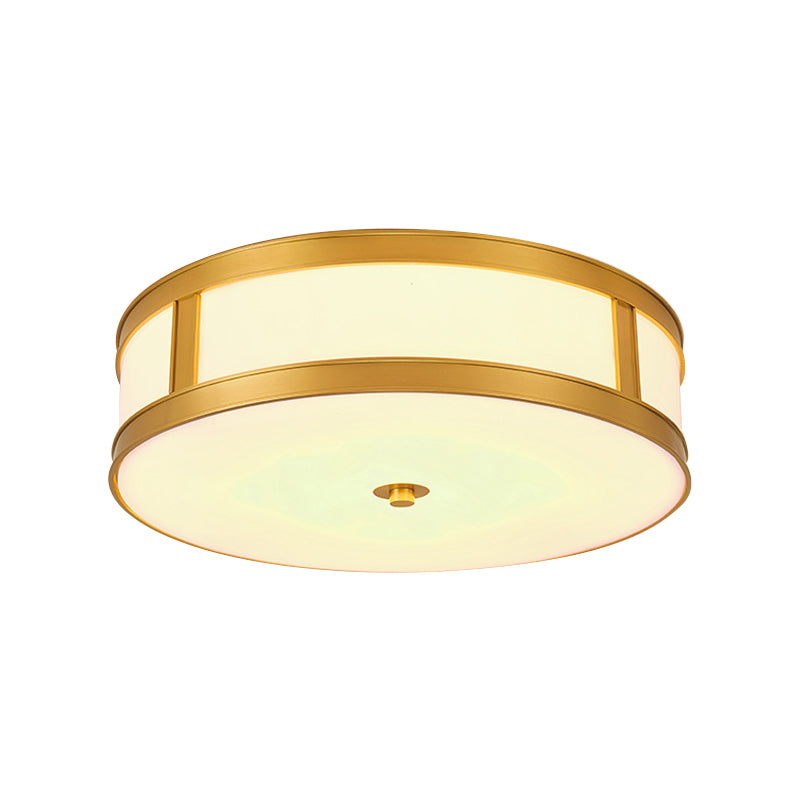 Traditional Brass Drum Flush Mount Ceiling Light Fixture With White Glass - 4 Lights 14’/18’ Width