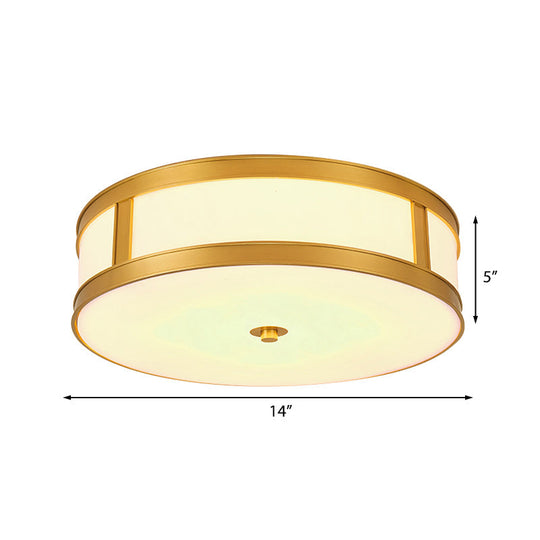 Traditional Brass Drum Flush Mount Ceiling Light Fixture With White Glass - 4 Lights 14/18 Width