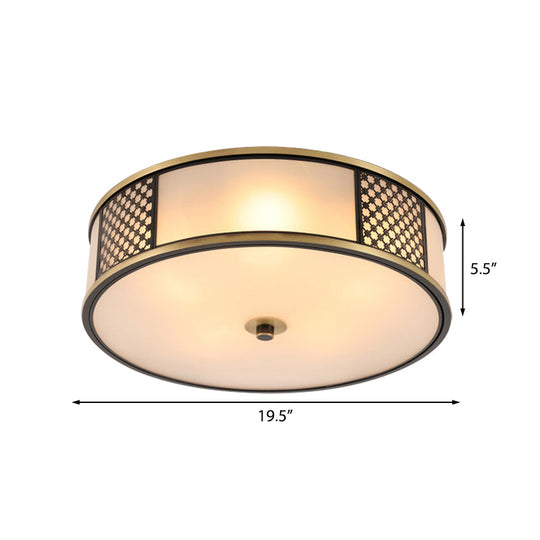 Traditional Brass Drum Flush Mount Ceiling Lamp 5 Light White Glass 16’/19.5’ Width - Ideal For