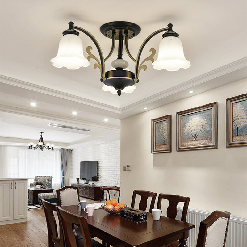 Vintage Floral White Glass Ceiling Lamp With 3/6/8 Lights For Dining Room - Semi Flush Mount In